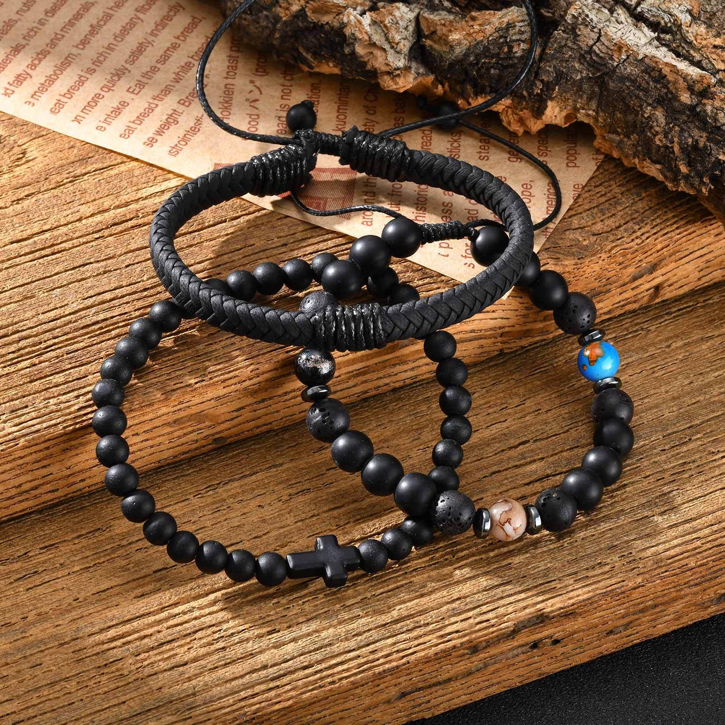 Planderful Devil Eye Black Agate Beaded PU Skin Bracelet Men