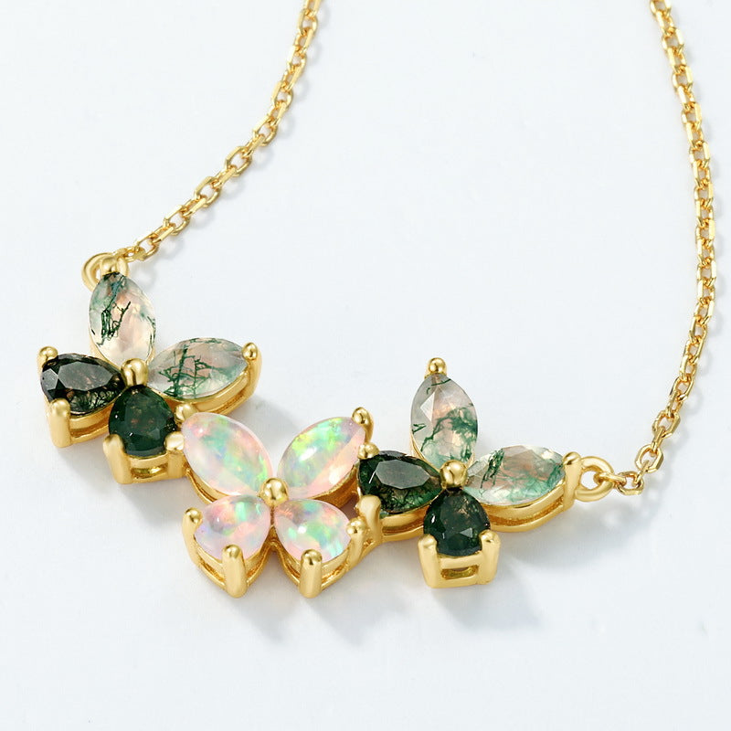 S925 Sterling Silver Gold-Plated Moss Agate Petal Pendant Necklace