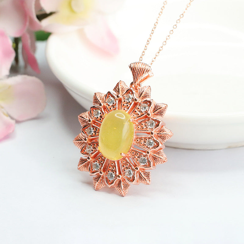 Golden Amber Snowflake Sterling Silver Necklace