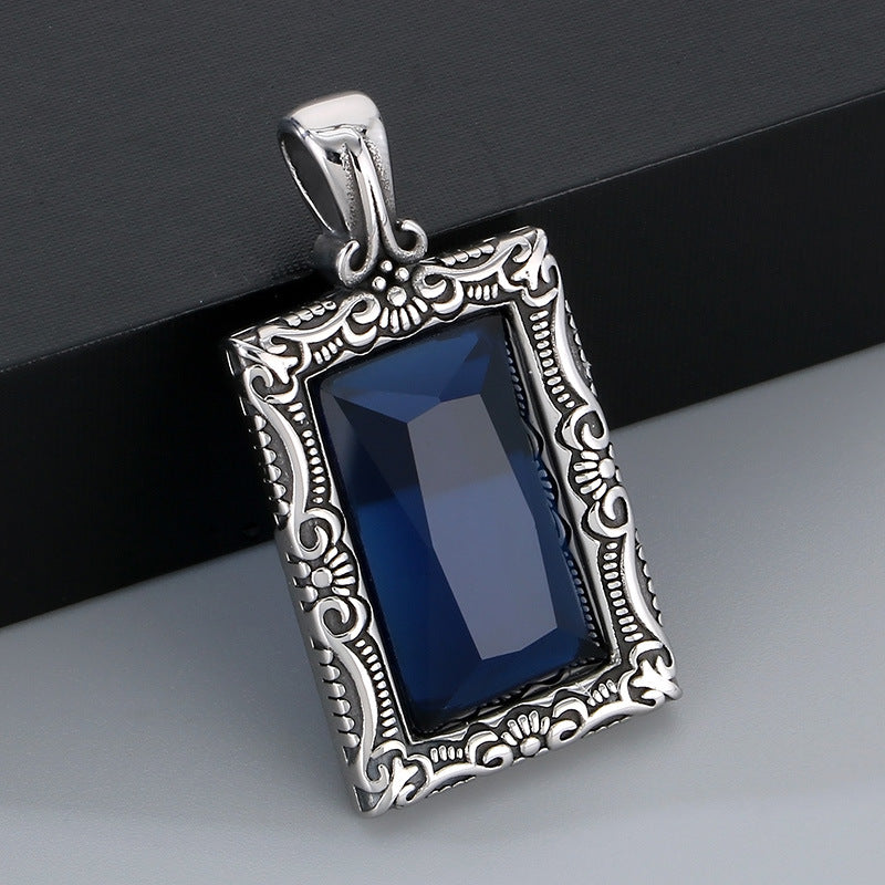 Retro Engraved Sapphire Inlaid Titanium Steel Hip-Hop Pendant for Men