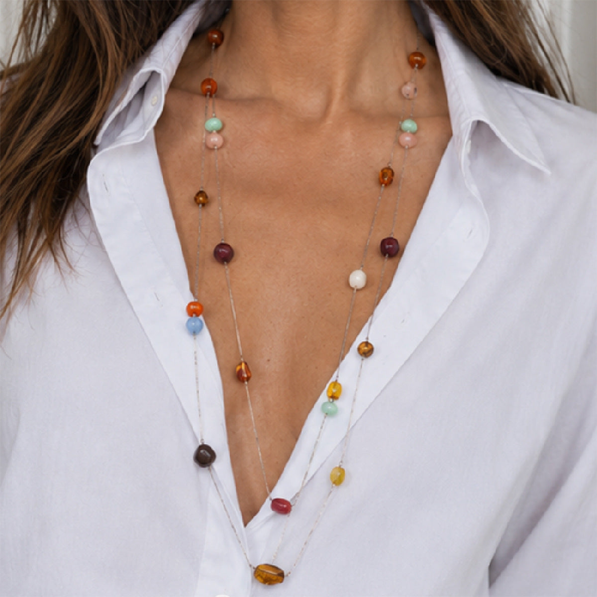 Retro Color Beaded Thin Chain Necklace Holiday Style Double-Layer Mixed Color Long