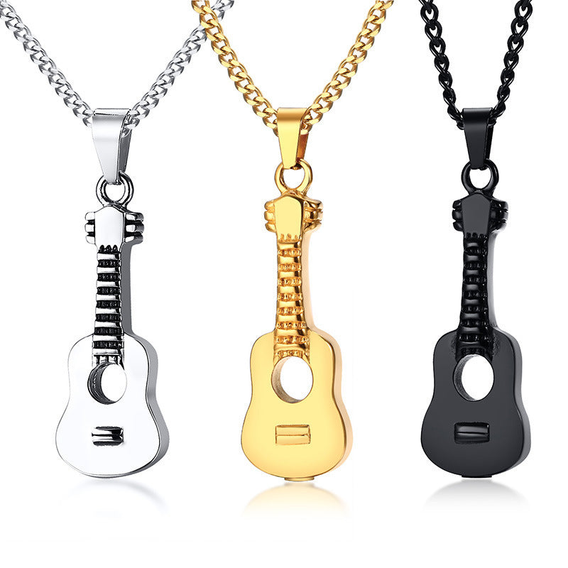 Titanium Steel Openable Urn Guitar Pendant Necklace for Men