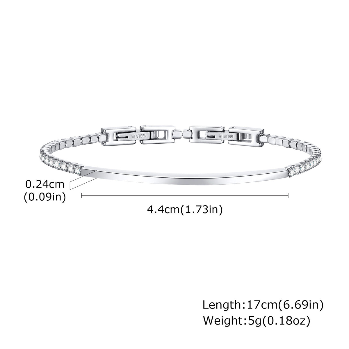 Stainless Steel White Zircon Chain Curved Bar Bracelet Women's Steel Color