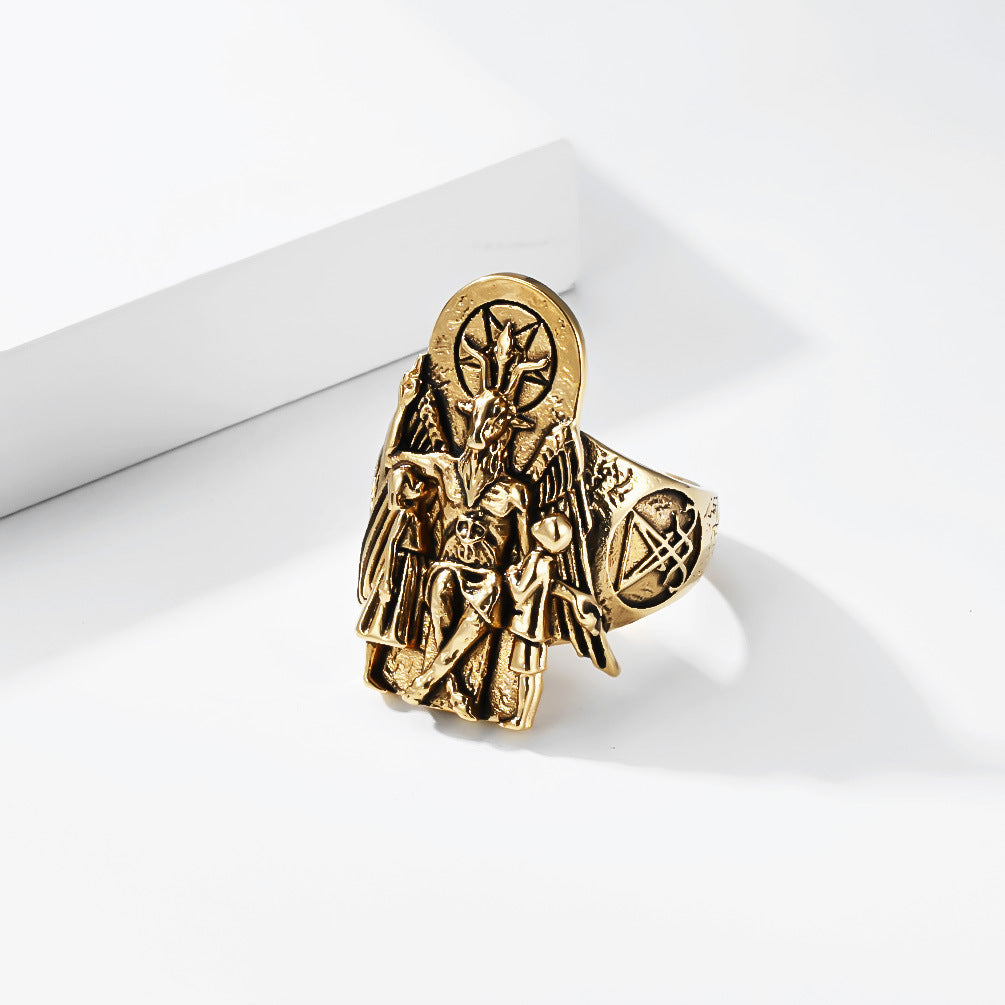 Planderful Everyday Genie Dark Wind Devil Goat Ring Steel Unisex Punk Statement for Men