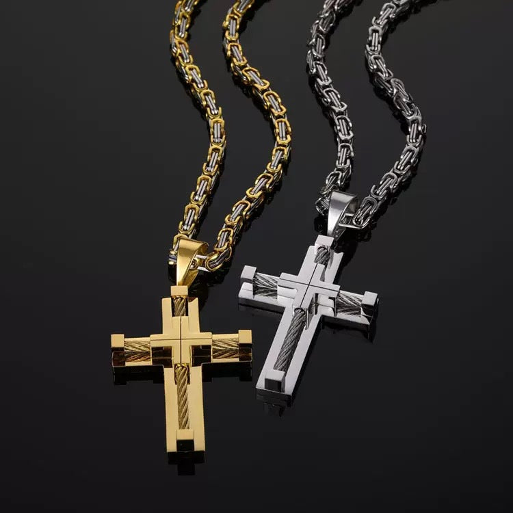 Planderful Mens Stainless Steel Cross Necklace With Wire Rope Chain For Men Everyday Wear Bold Masculine Pendant