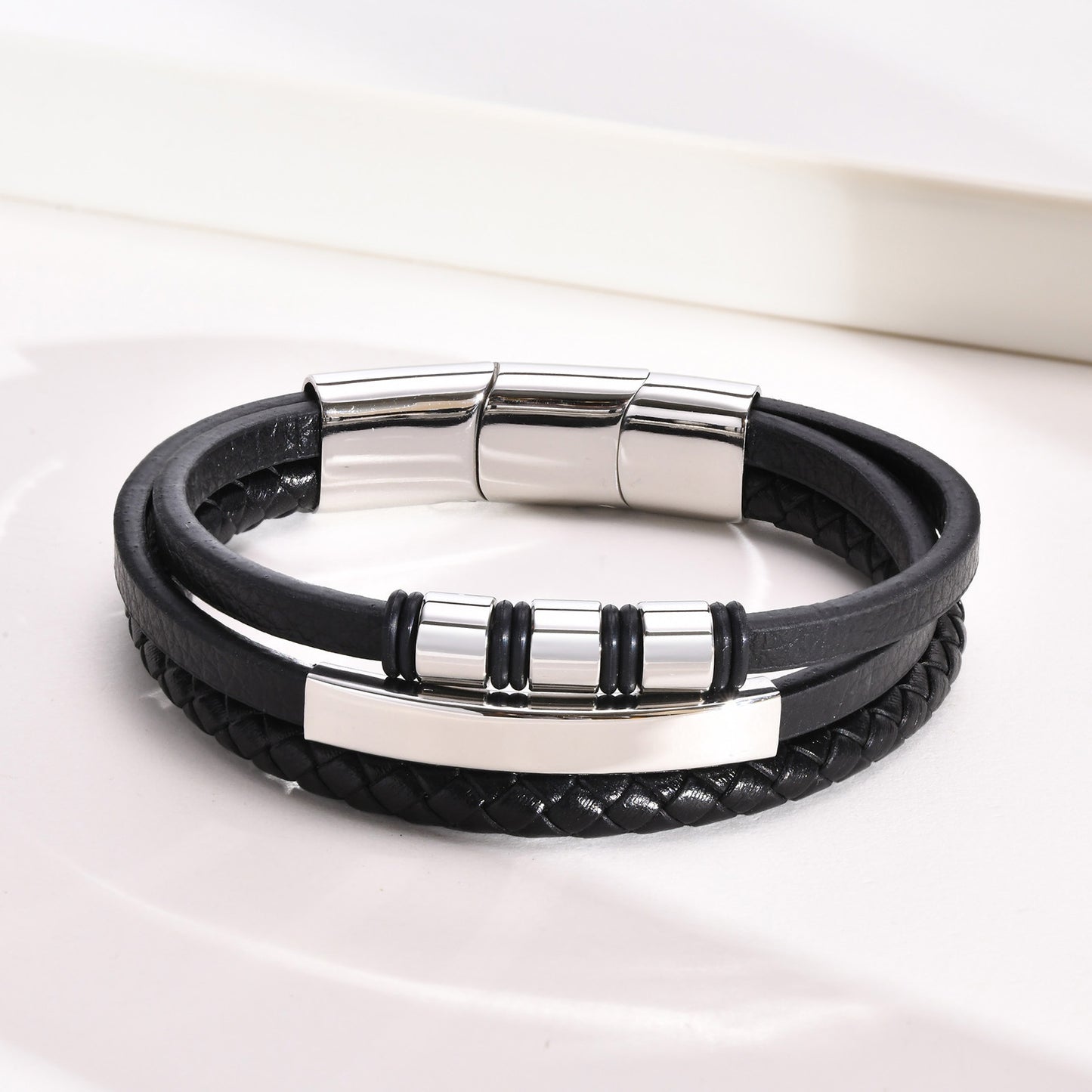 Titanium Steel Men's Leather Bracelet Three-Layer Black Model