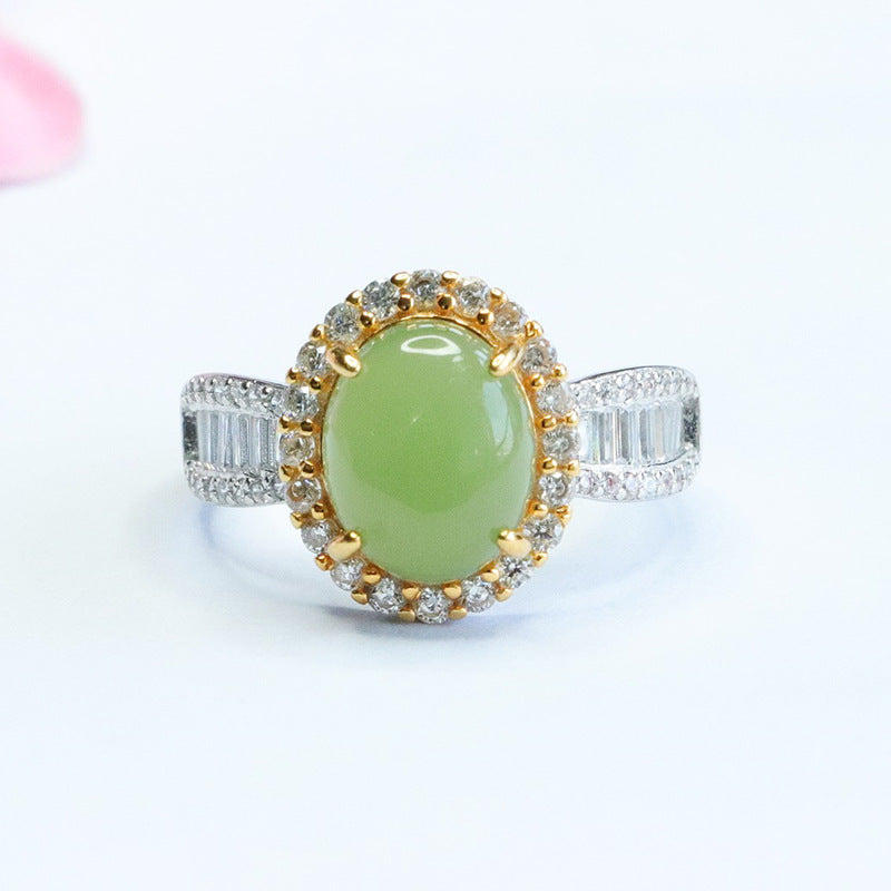 Planderful Collection: Fortune's Favor Oval Natural Hotan Jade Jasper Golden Zircon Silver Halo Ring