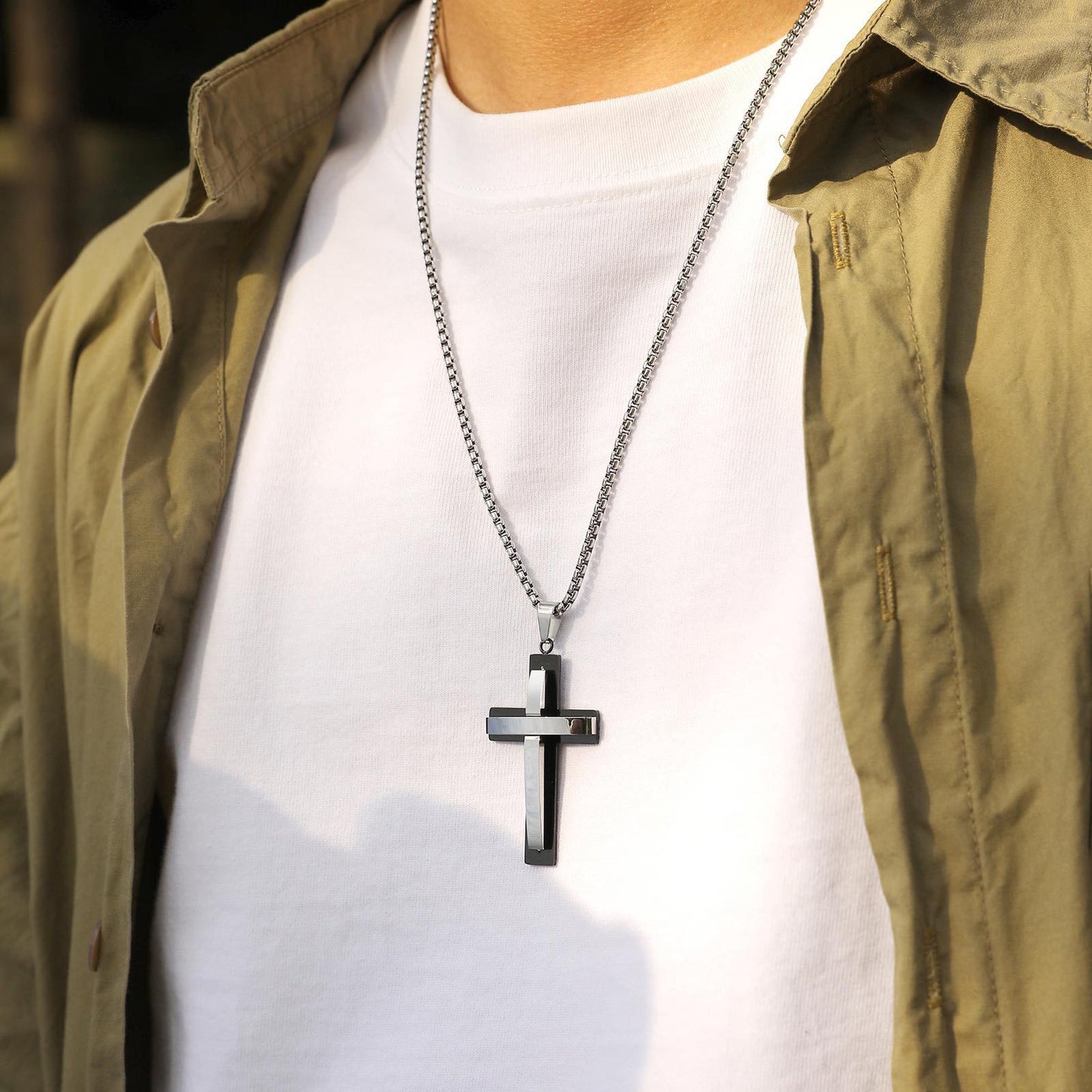 Men's Jewelry Stainless Steel Double Cross Pendant Necklace