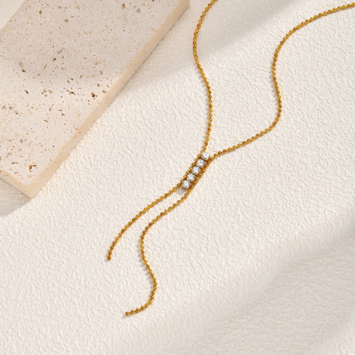 Stainless Steel Cold Wind Tassel Wave Bead Zircon Y-Shaped Necklace Gold