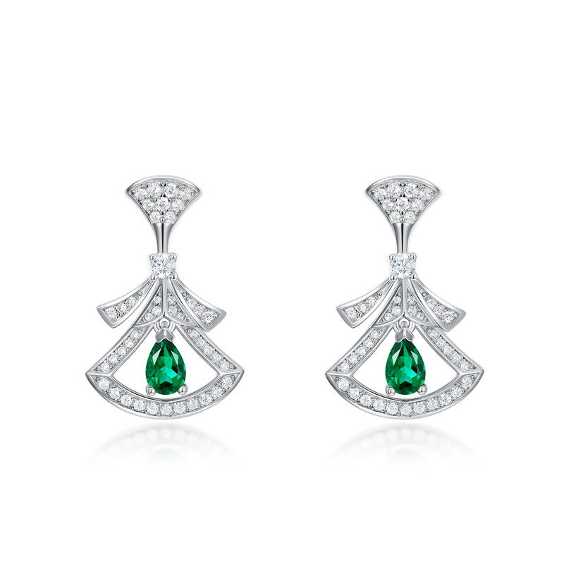 S925 Sterling Silver Lab-Grown Emerald Fan Stud Earrings