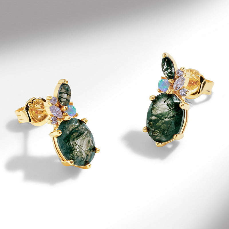 S925 Sterling Silver Moss Agate Oval 6 × 8 mm Stud Earrings
