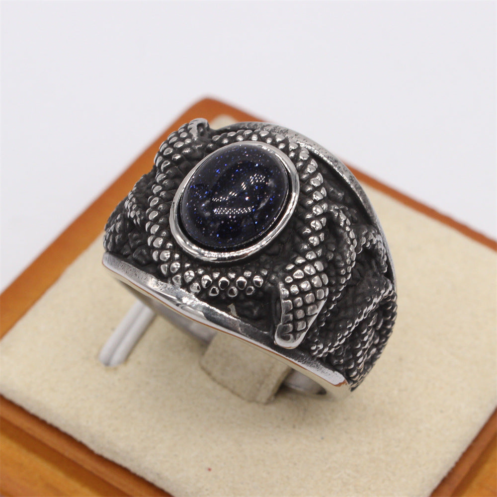 Double Python Snake Relief Oval Bead Titanium Steel Ring for Men