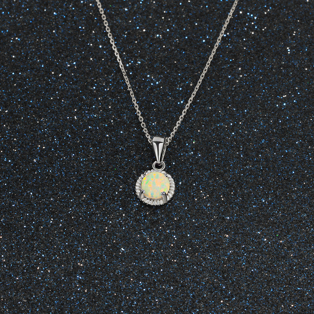 Planderful Jewelry Opal Necklace In Sterling Silver S925 White Round Opal Elegant Everyday Necklace