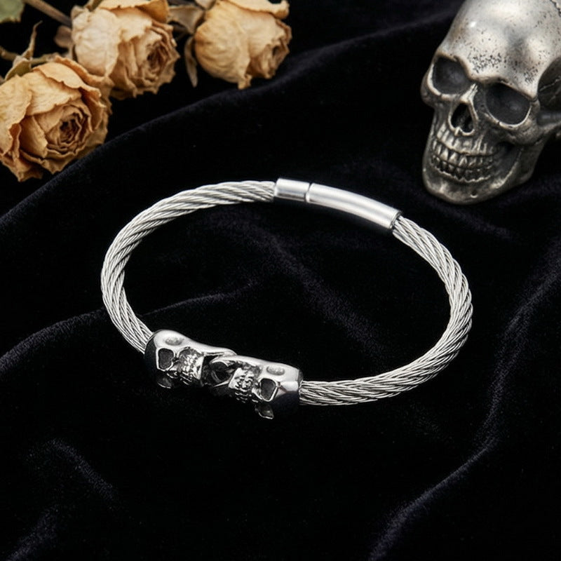Skull Titanium Steel Bracelet – Gothic Double Skull Steel Wire Bracelet