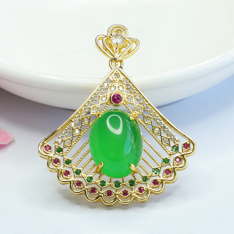 Peacock Patterned Zircon Pendant with Green Chalcedony Hollow Design