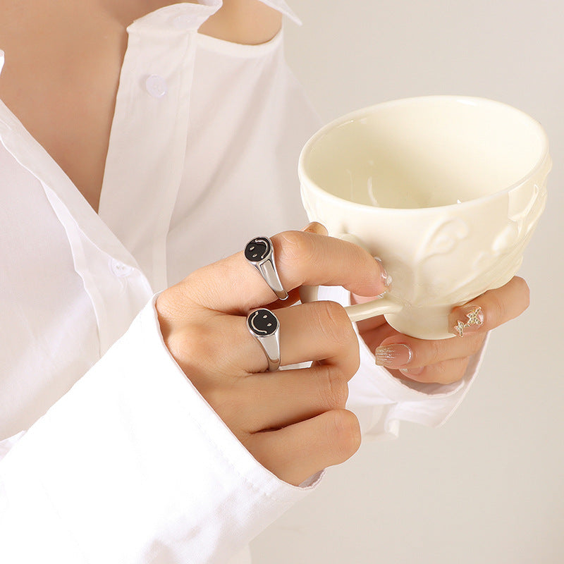 Korean Geometric Gold-Plated Smiley Face Ring with Titanium Steel - Women's Fashion Jewelry