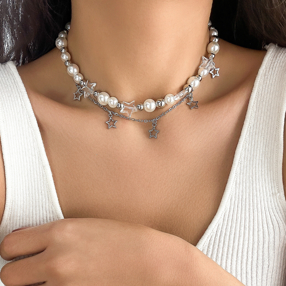 Cross-border Spice Girl Star Sweet Choker Necklace with Imitation Pearls and Metal Beads