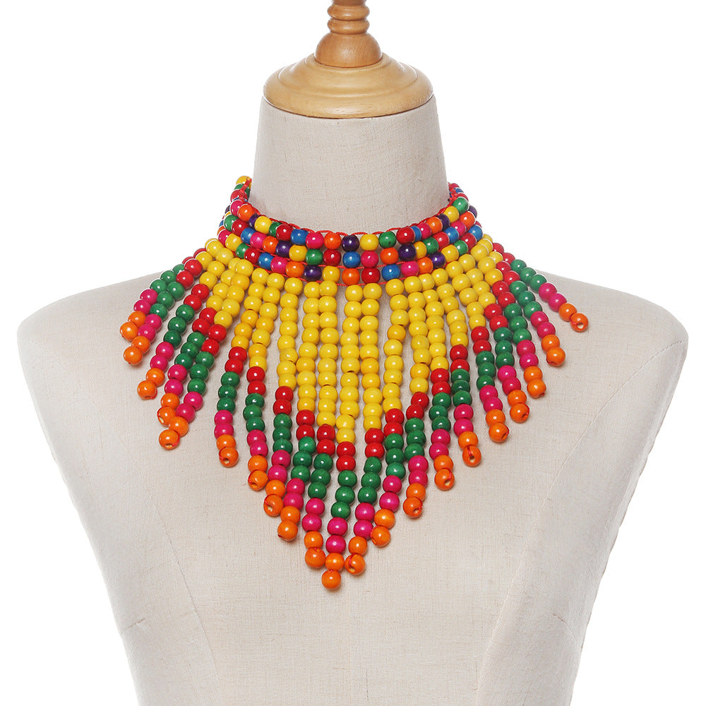 Savanna Rhythms Exotic Wood Bead Necklace with Tassel Triangle Scarf Design Shawl Chain Oversized Accent Necklace