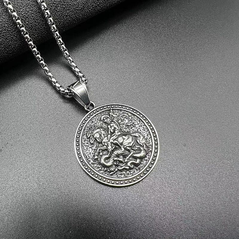 Steel Necklace – Vintage St George Dragon Slayer Pendant For Men Great Gift For Him Noble Medieval Style