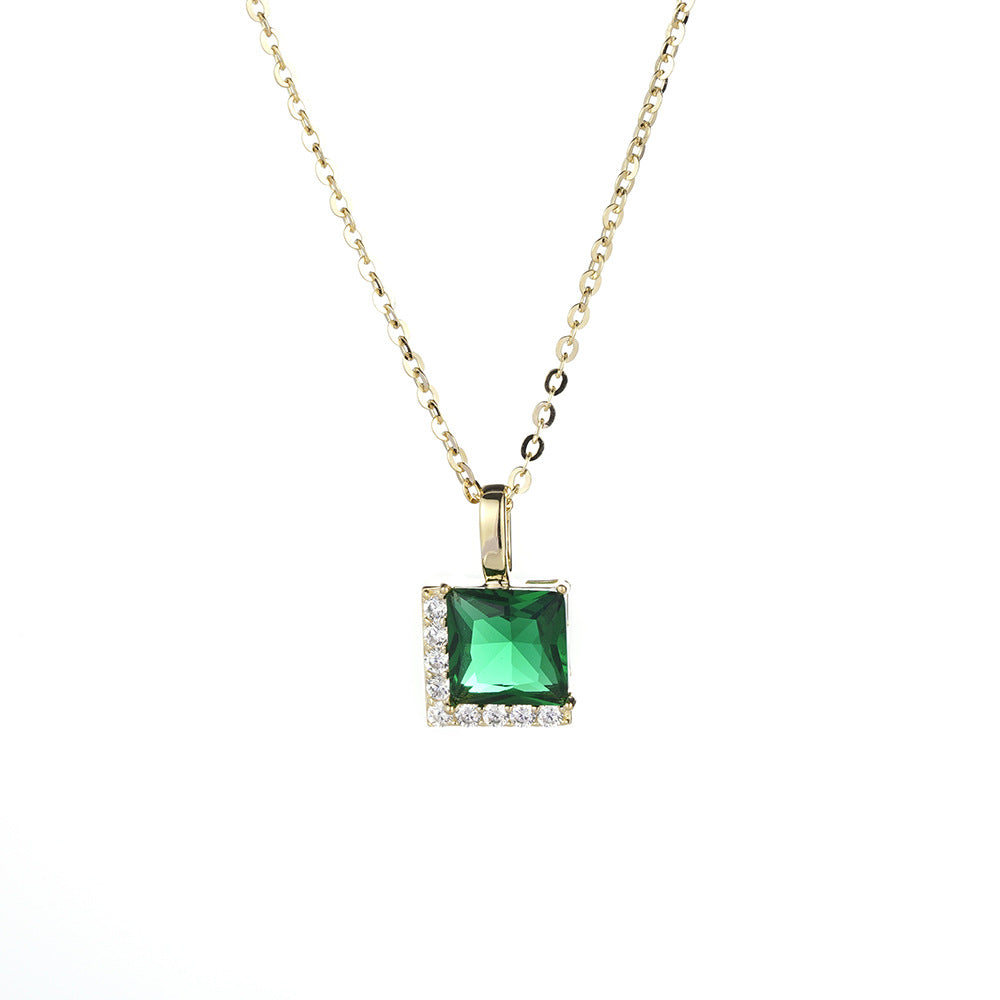 S925 Sterling Silver Emerald Zircon Pendant Necklace Luxury