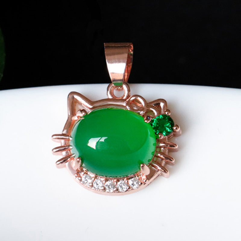 Green Chalcedony Zircon Rose Gold Cat Pendant with Ice Accents