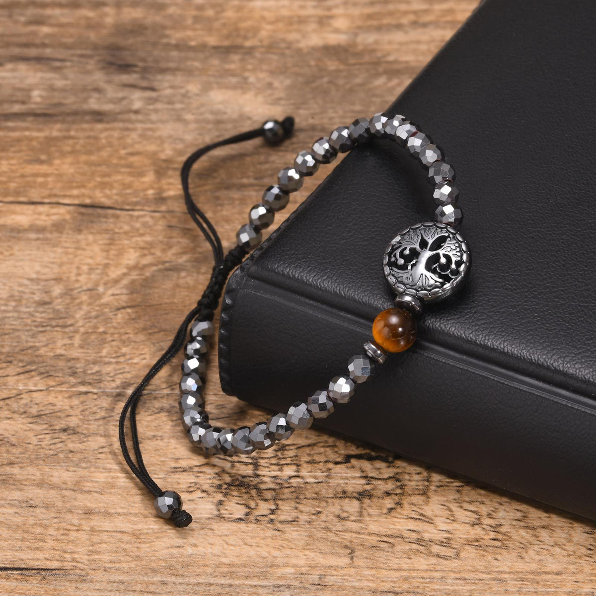 Tree of Life Tiger's Eye Braided Black Stainless Steel Bracelet