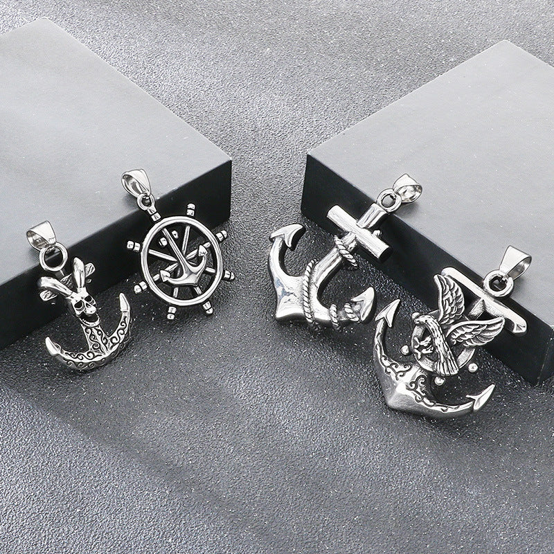 Dark Retro Nautical Rudder Pendant, Punk Retro Cross Skull Head Anchor Titanium Steel Necklace