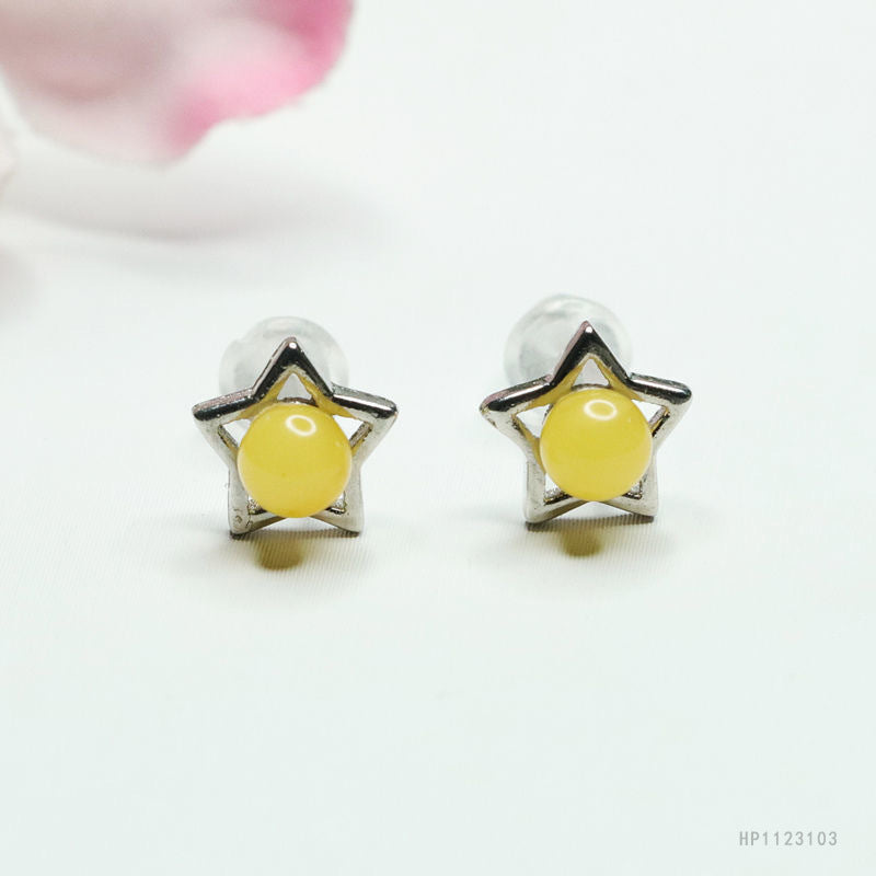 Beeswax Amber Star 925 Silver Stud Earrings