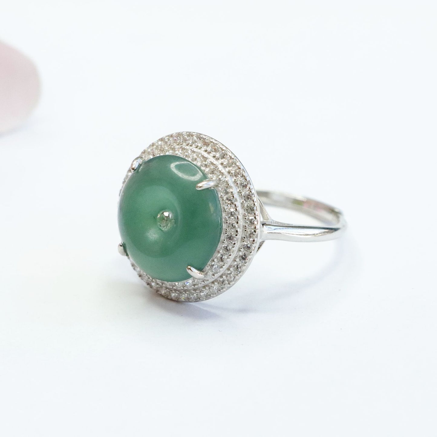 Sterling Silver Jade Ring with Zircon Halo Detail