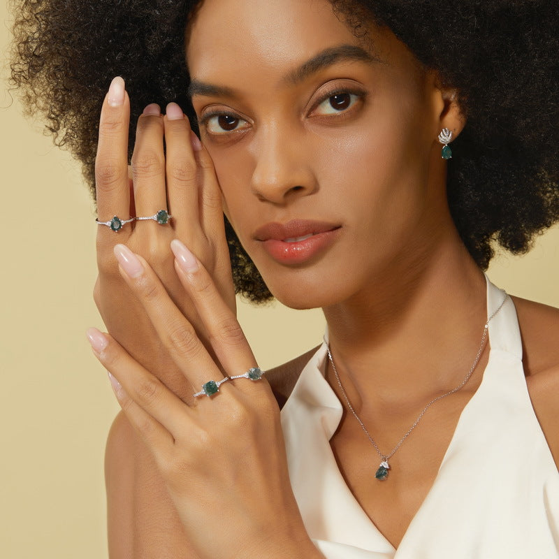 Planderful Jewelry Sterling Silver Ring With Green Agate Moss Stone Retro Geometric Round Design