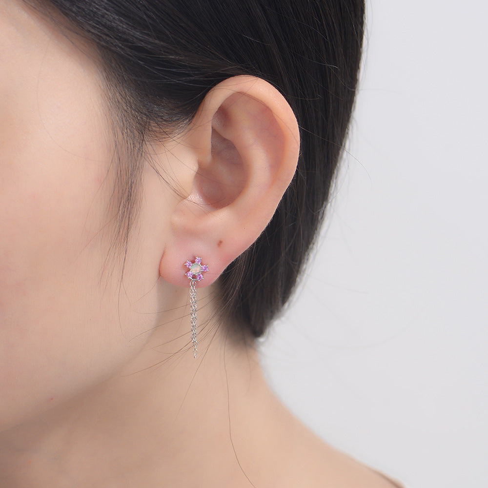 S925 Sterling Silver Zircon Chain Fringed Earrings Flower Stud Earrings