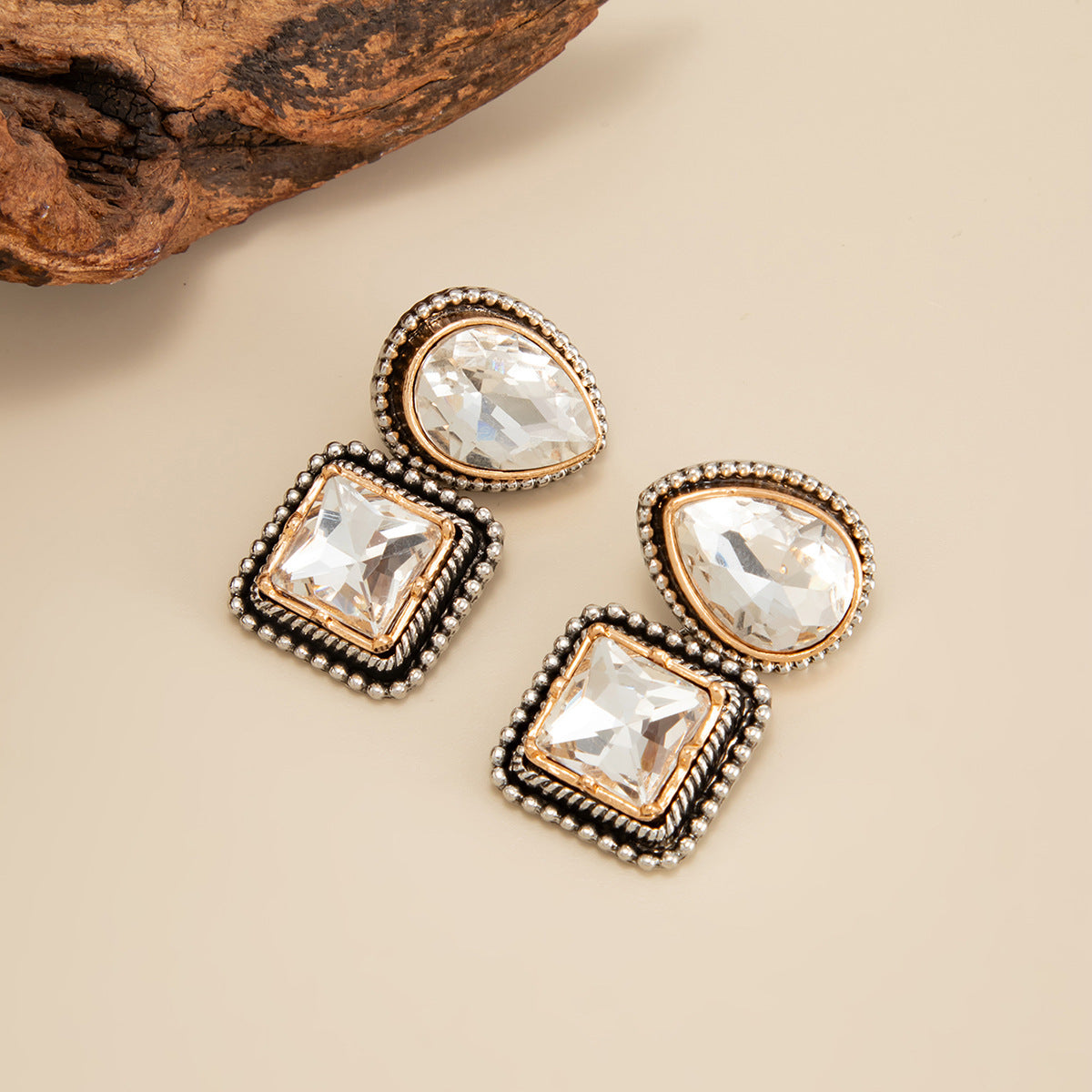Planderful Vienna Verve Water Drop Square Zircon Stud Earrings For Women Retro Geometric Medieval French Style