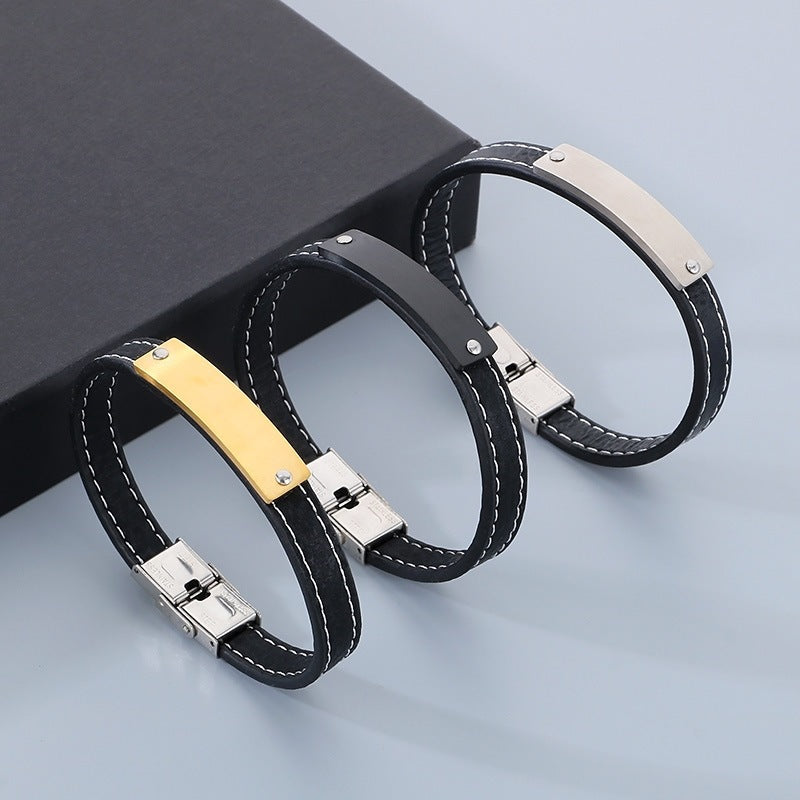 Stainless Steel Curved Bar Men's Bracelet – Business Leather Bracelet