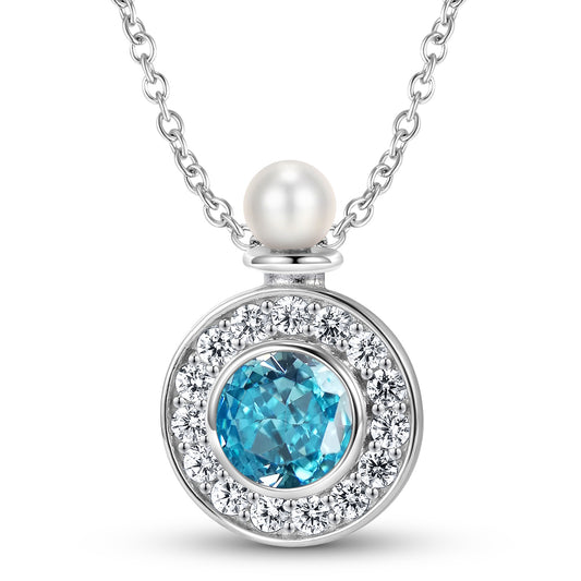 Pearl and Round Blue Zircon Bottle Shape Pendant Silver Necklace