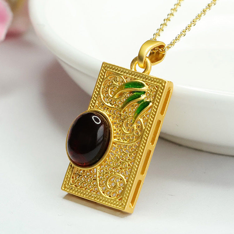 Chinese Jewelry Collection: Sterling Silver Bamboo Leaf Pendant Necklace with Beeswax Amber Gem