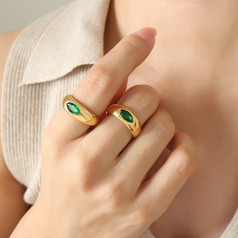 Emerald Zircon Ring - Chinese Style Titanium Steel Jewelry