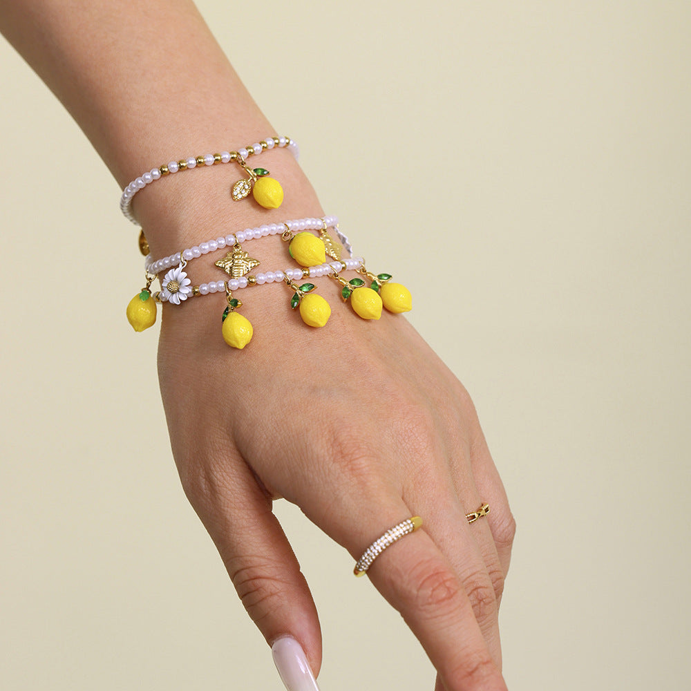 Planderful Lemon Daisy Resin Bead Bracelet Girls High Gloss