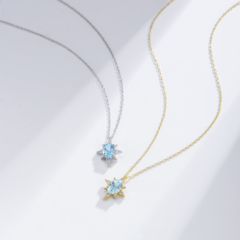 S925 Sterling Silver Eight-Pointed Star Pendant, Japanese Minimalist Sky Blue Natural Topaz Necklace Trendy