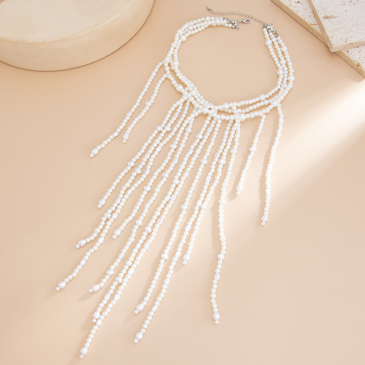 French Pearl Bead Long Fringe Necklace