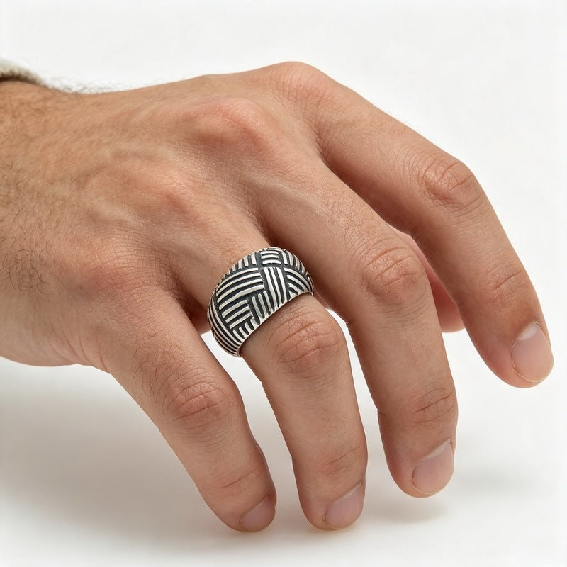 Punk Style Old Braided Ring Retro Geometric Interwoven Wide-Faced Stainless Steel Men's Ring