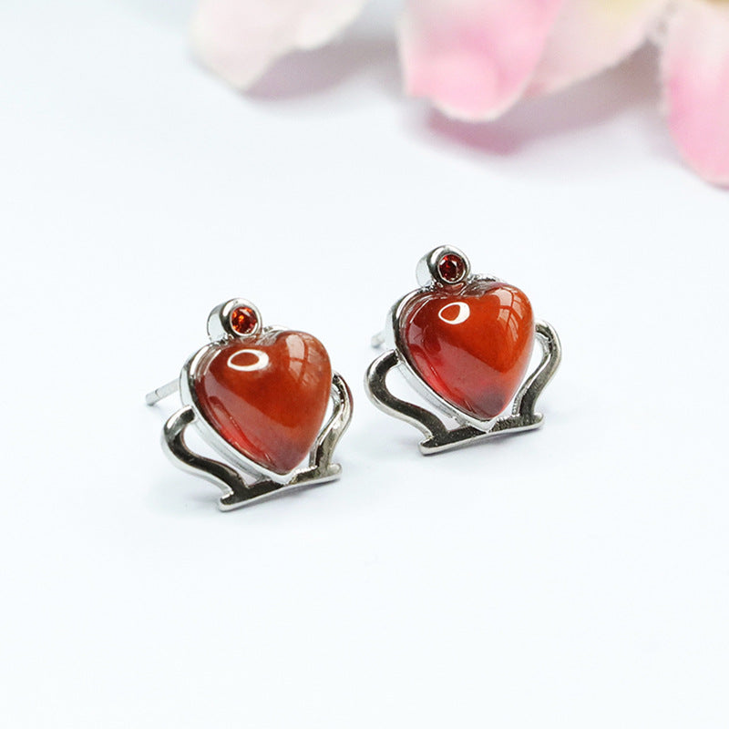 Orange Garnet Heart Crown 925 Silver Stud Earrings