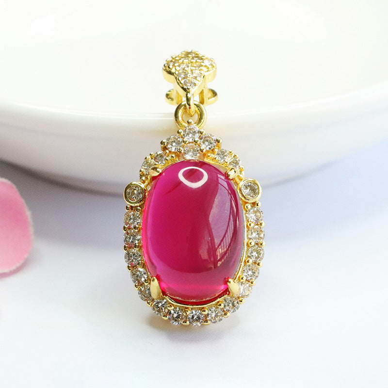 Lab-Grown Ruby Oval Zircon Halo Pendant — No Chain