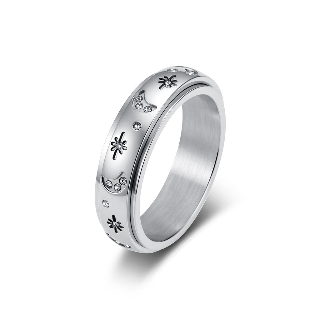 Star & Moon Zircon Spinner Stainless Steel Ring Unisex