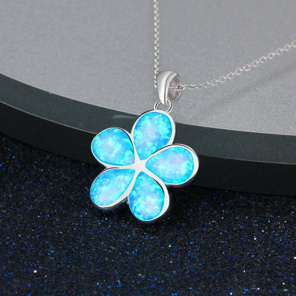 Planderful Jewelry Blue Opal Necklace With Flower Pendant In Sterling Silver S925