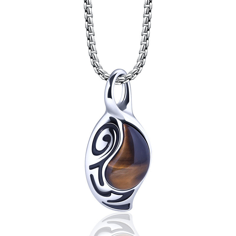 Planderful Tiger Eye Titanium Steel Mens Necklace Fade Resistant Pendant Durable European Style Jewelry