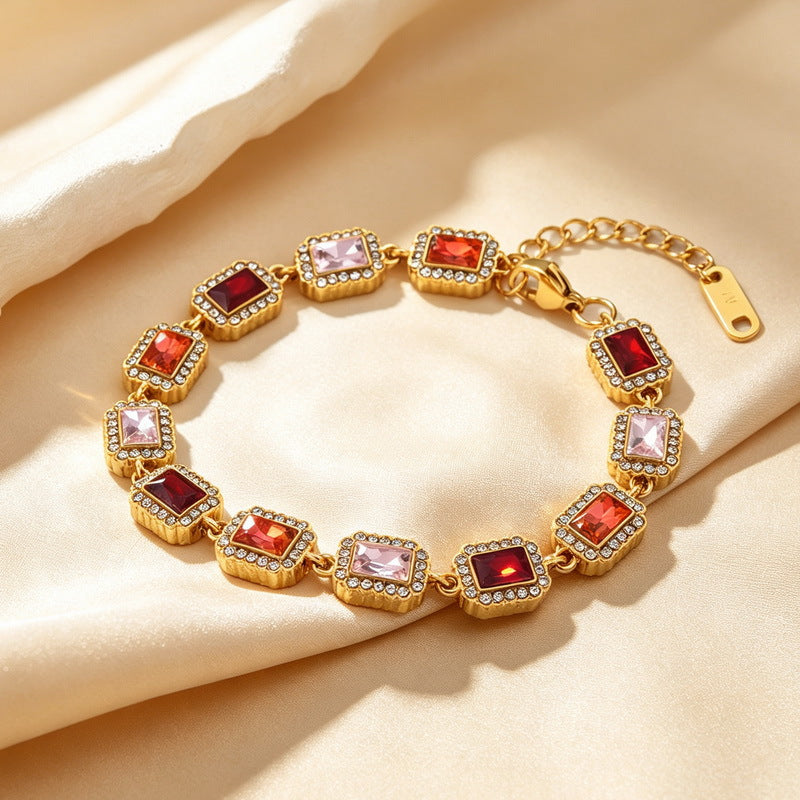Color Surrounding Square Zircon Stainless Steel Bracelet Palace Style Adjustable