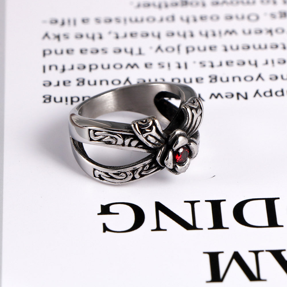 Vintage Titanium Steel Men's Ring with Zircon-Set Rose and Bow Design