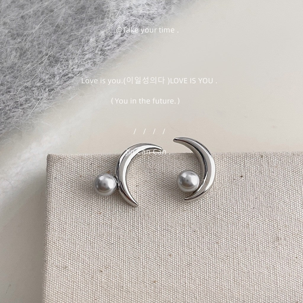 Minimalist Moon Pearl 925 Sterling Silver Women's Earrings
