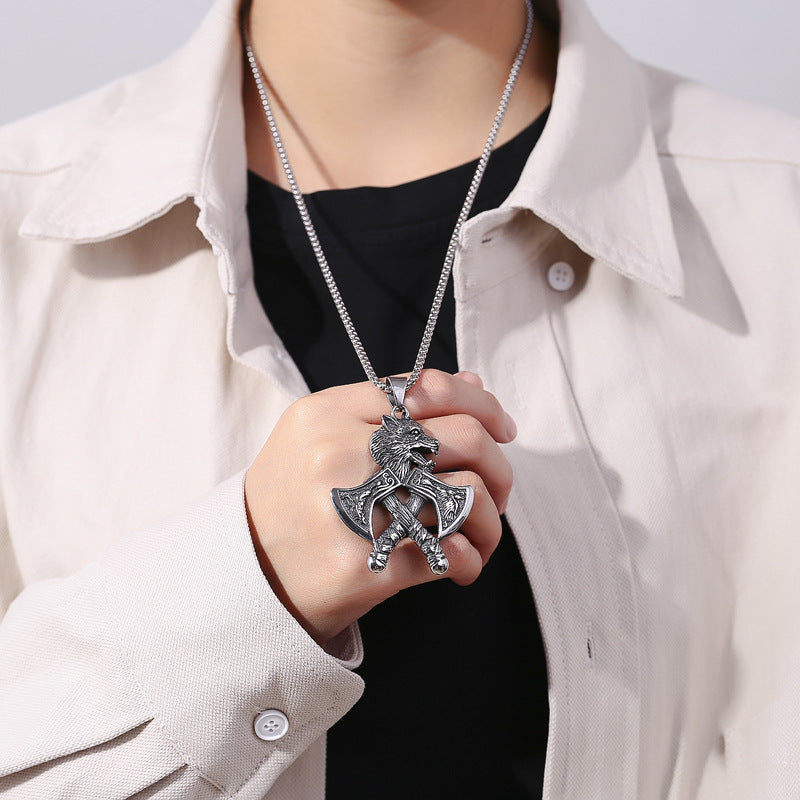 Vintage Viking Wolf Stainless Steel Pendant Necklace