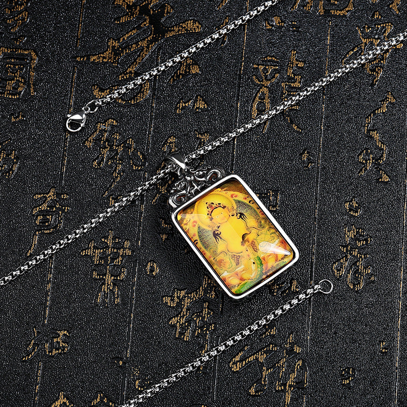 Steel Necklace - Vintage Ethnic Thangka Double-Sided Pendant For Everyday Boho Wear